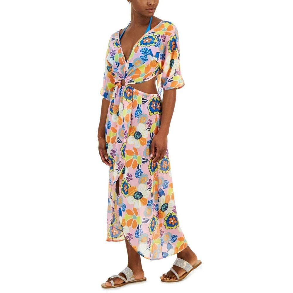 Miken Swim Cover Up Dress Prism Pink Orange Floral Sheer Maxi Beachwear NWT XS